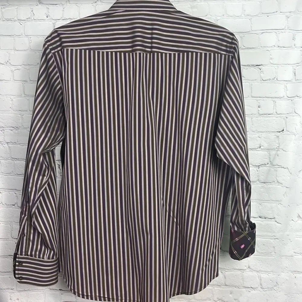 Robert Graham Shirt Mens Large Purple Green Striped Cotton Long Sleeve